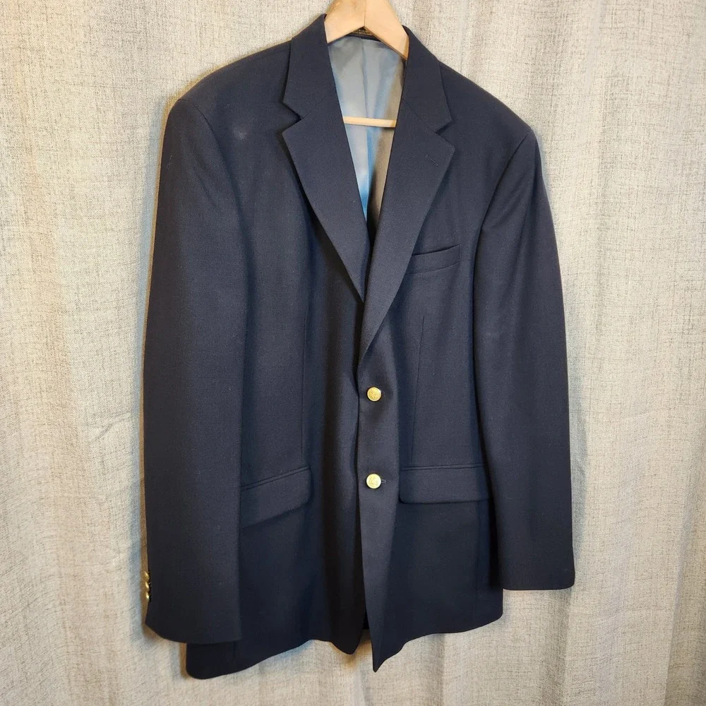 Stafford Worsted Wool Blend Sport Coat Men's 44L Navy Blue Two Button Gold Crest
